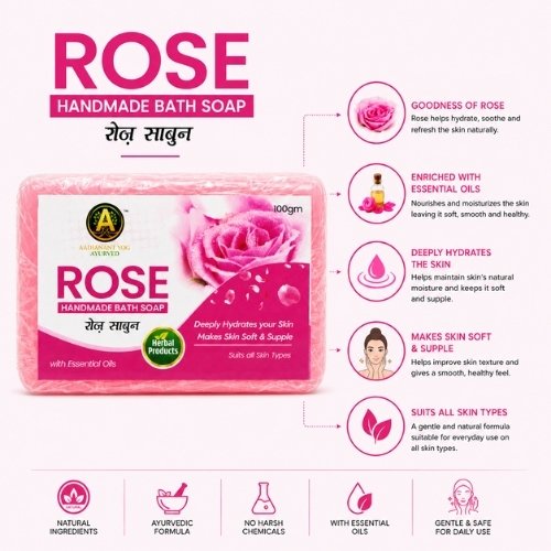 Rose Handmade Bath Soap with Essential Oils | Deep Hydration & Soft Skin Care Soap | 100g - Image 3